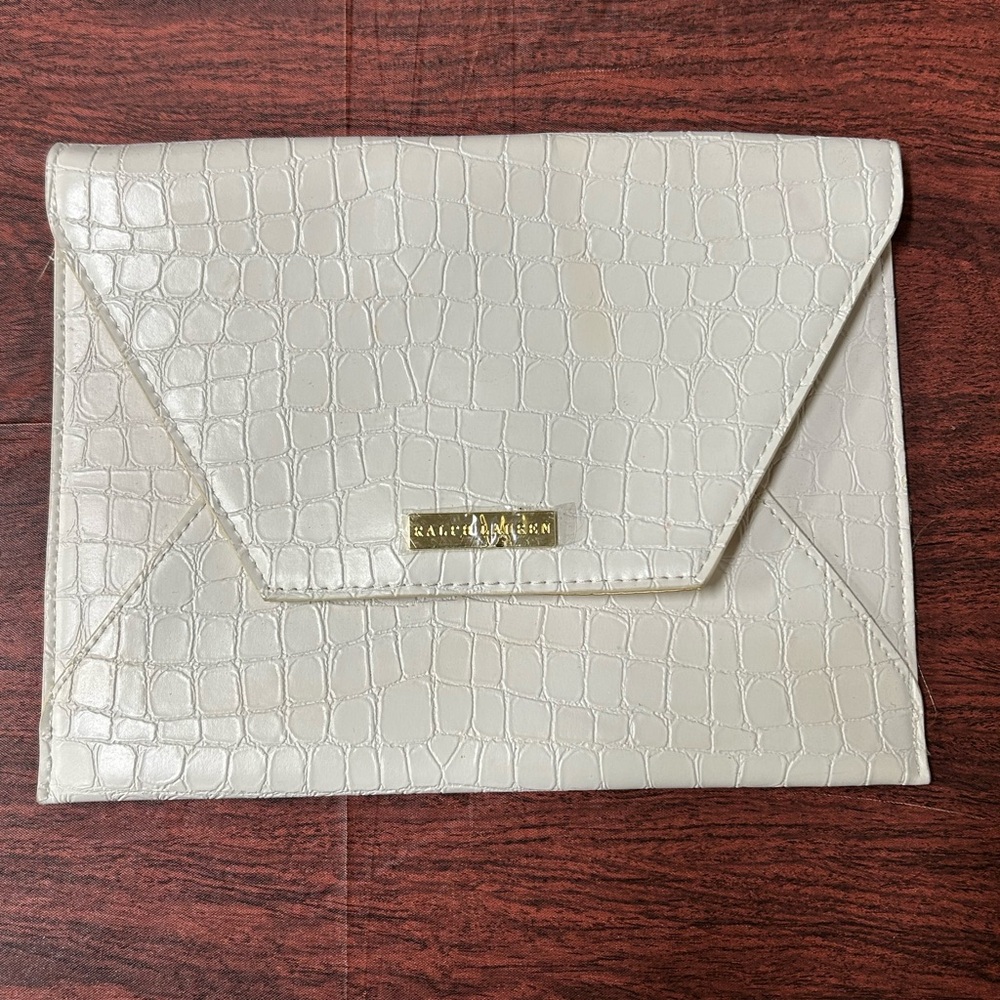 VTG Ralph Lauren White Classy Envelope Clutch Faux Crocodile Gold Lining 9x7